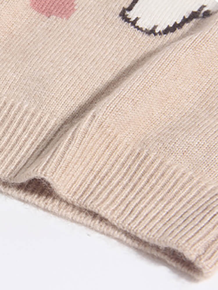 Kids Funny Cartoon Cat and Fish Beige Cashmere Crewneck Sweater